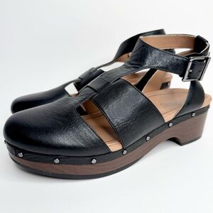 Vionic women's 8 Faye black leather platform t strap comfort clog sandals shoes